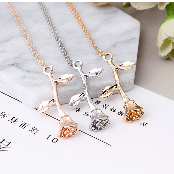 Fashion Jewelry Collier Pink Gold Rose Statement Pendant Necklace Women's Beauty and Beast Jewelry Lovers Gifts