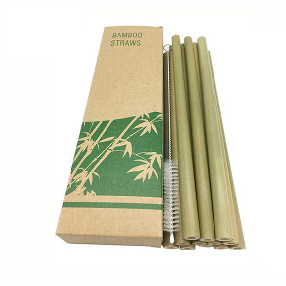 10Pcs/Set Natural Bamboo Straw Reusable Drinking Straws with Case + Cleaning Brush